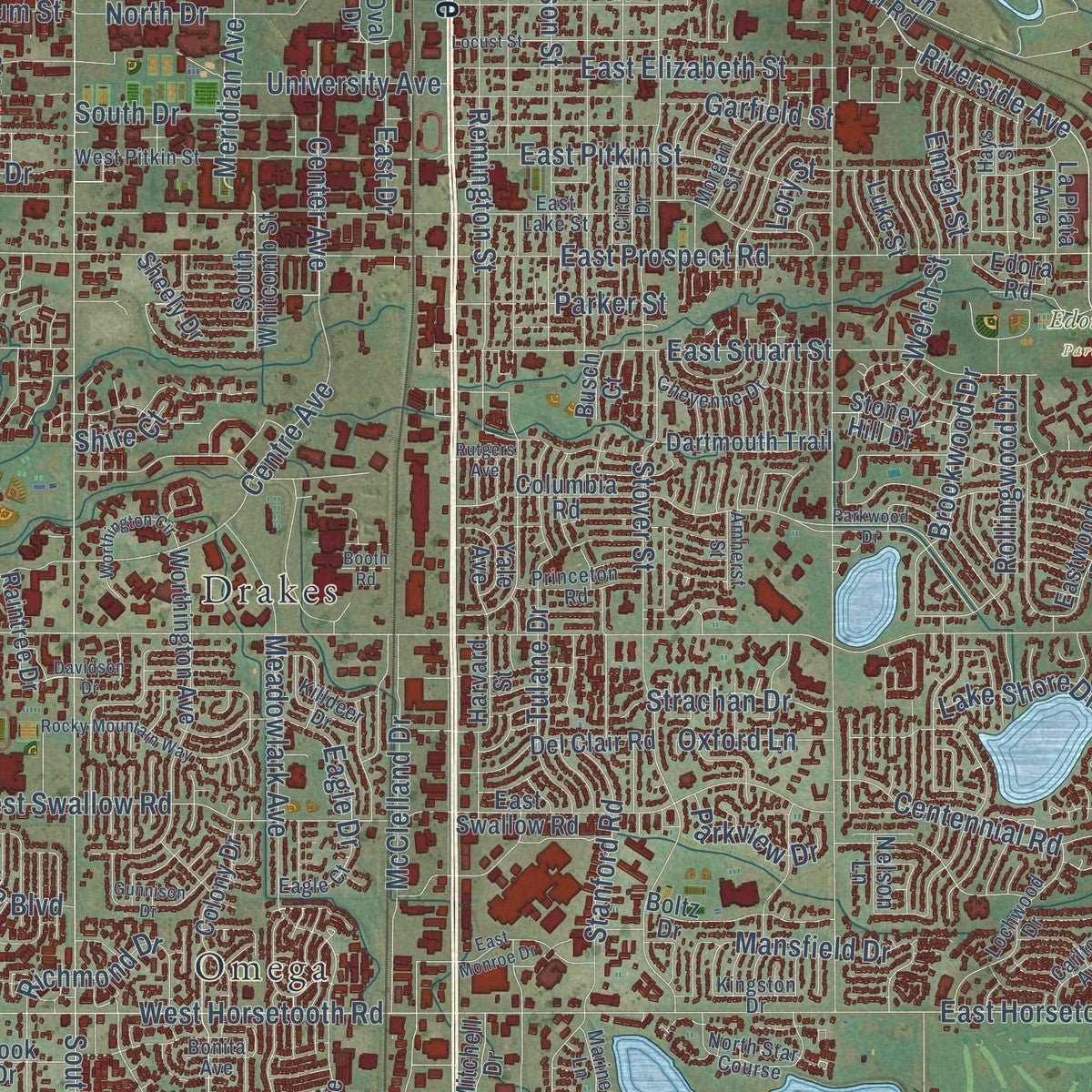 Close-up of the map of Fort Collins, Colorado print showing street and building detail