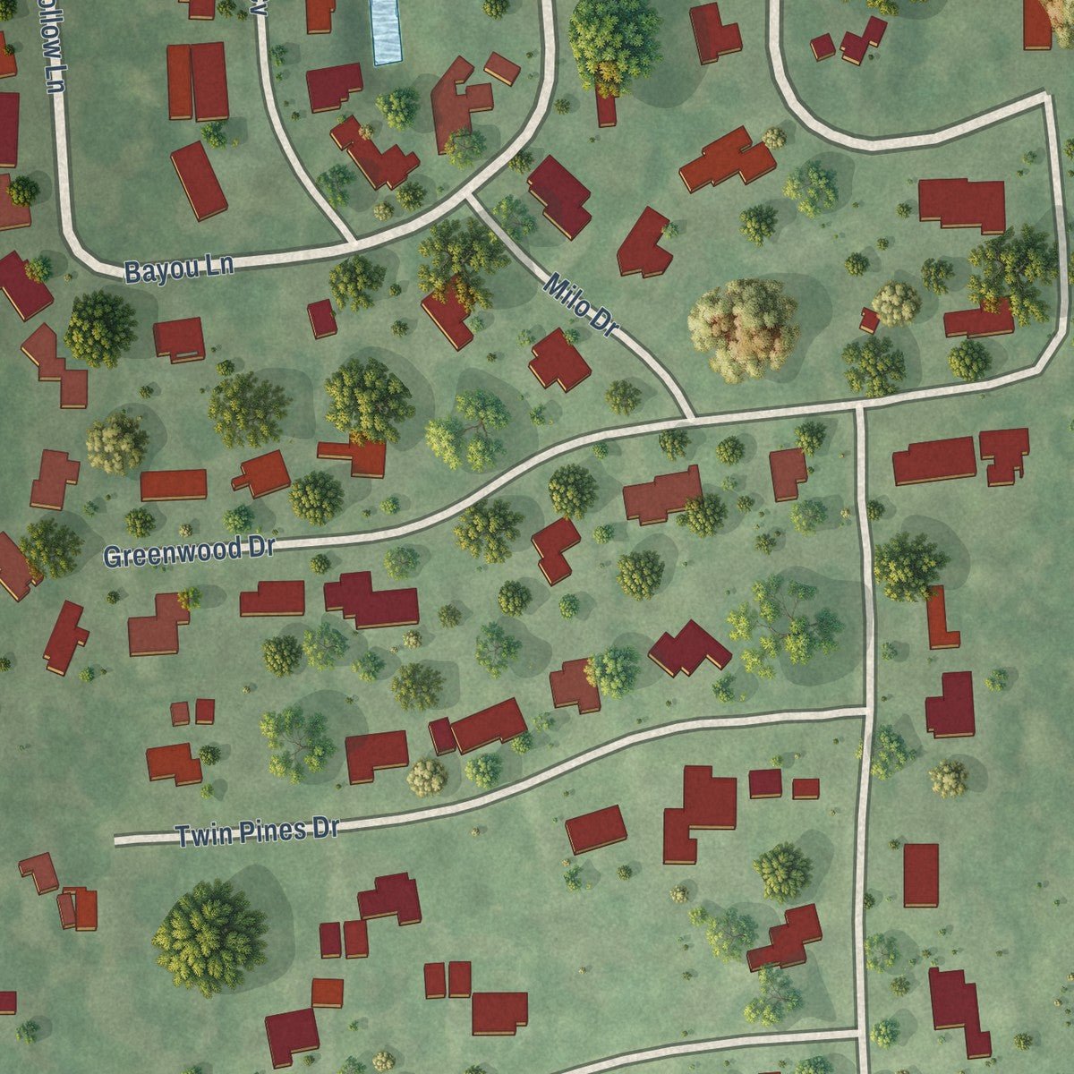 Close-up of the map of Taylor Landing, Texas print showing street and building detail