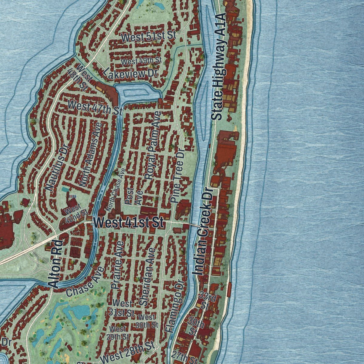 Close-up of the map of Miami Beach, Florida print showing street and building detail