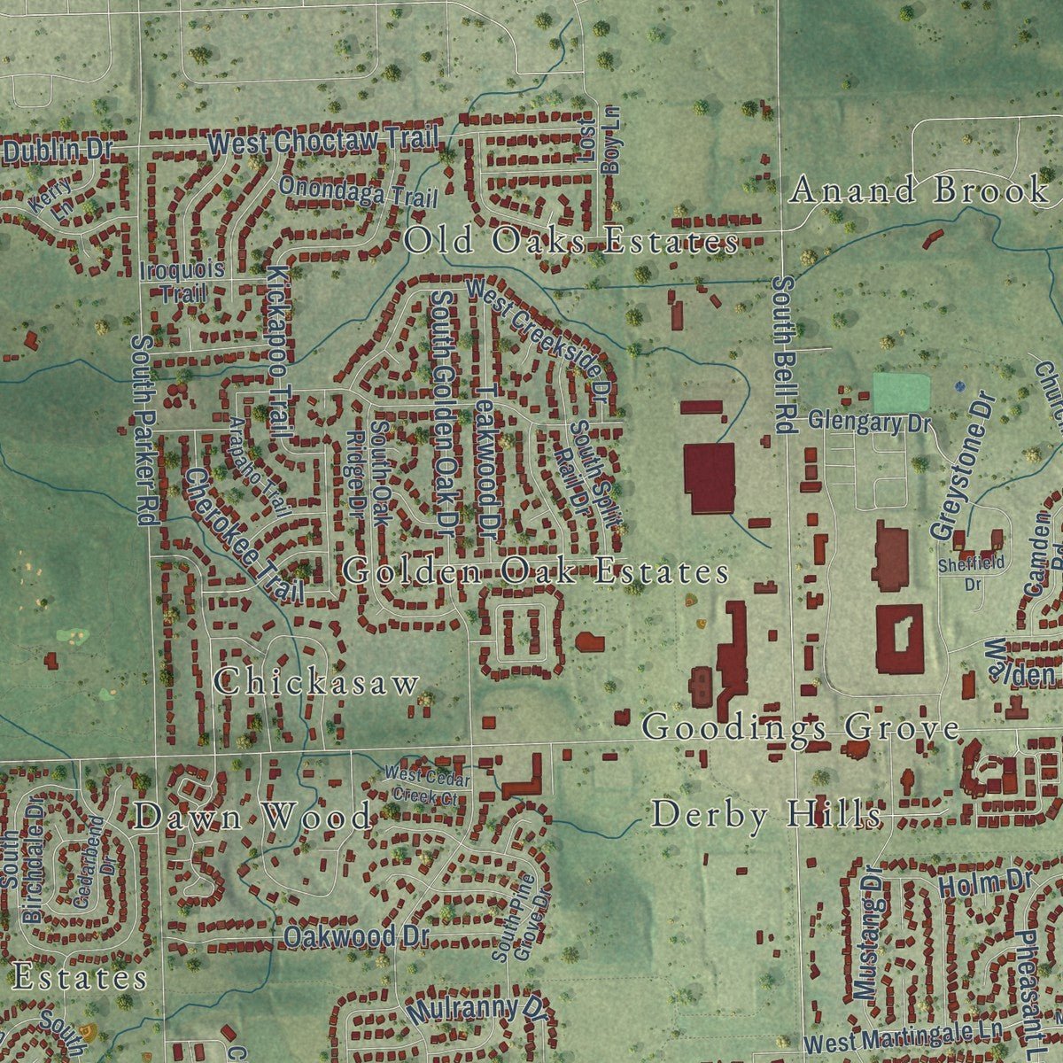 Close-up of the map of Homer Glen, Illinois print showing street and building detail