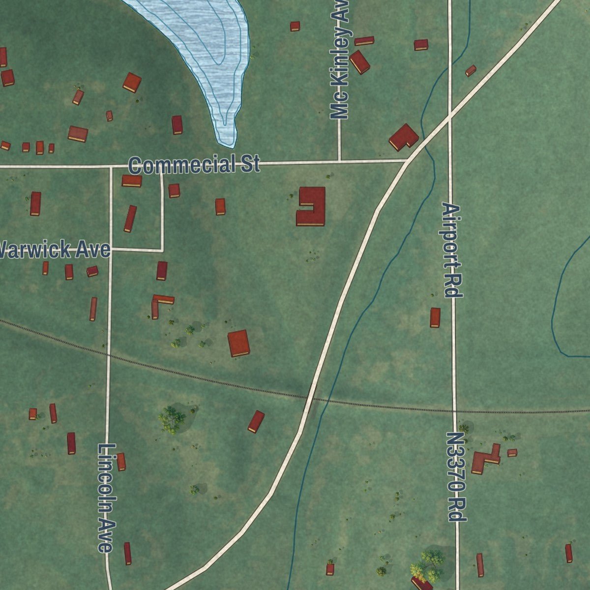 Close-up of the map of Warwick, Oklahoma print showing street and building detail