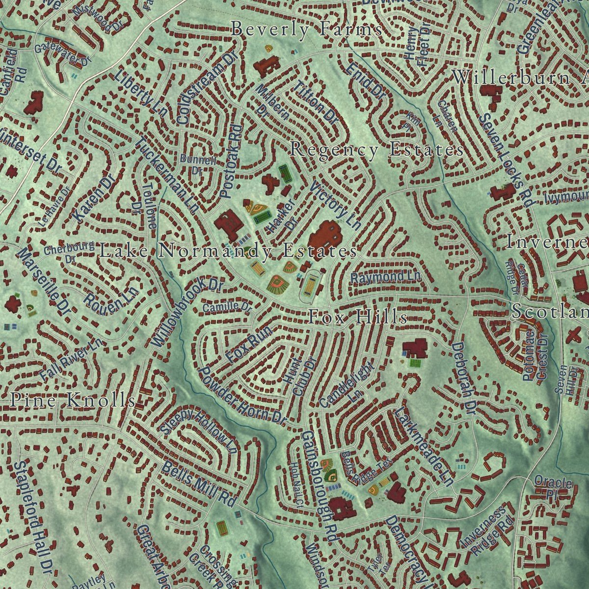 Close-up of the map of Potomac, Maryland print showing street and building detail