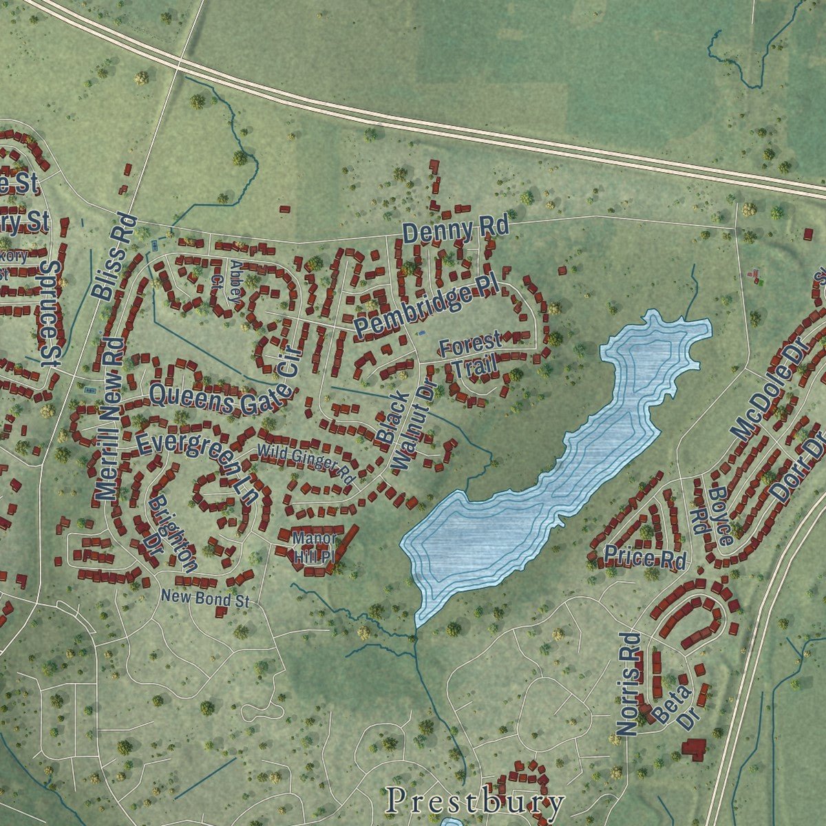 Close-up of the map of Sugar Grove, Illinois print showing street and building detail