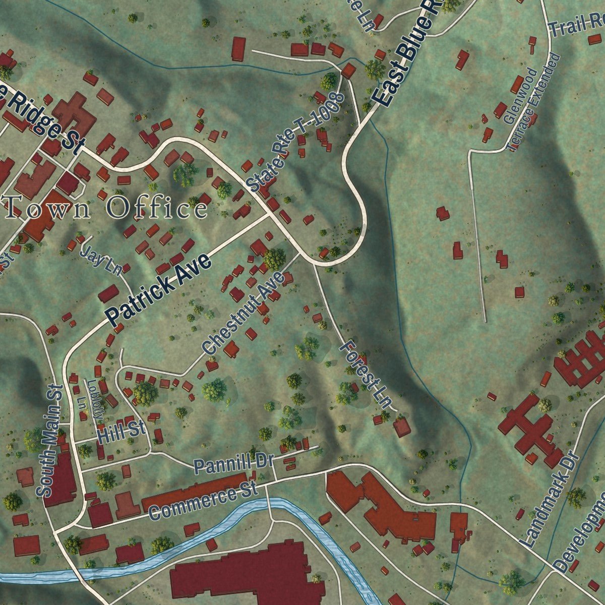 Close-up of the map of Stuart, Virginia print showing street and building detail