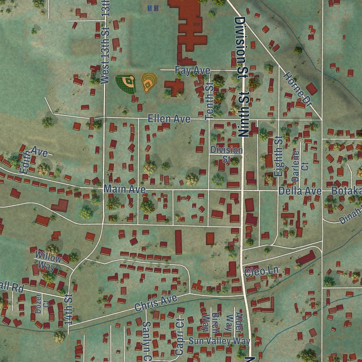 Close-up of the map of Benton City, Washington print showing street and building detail