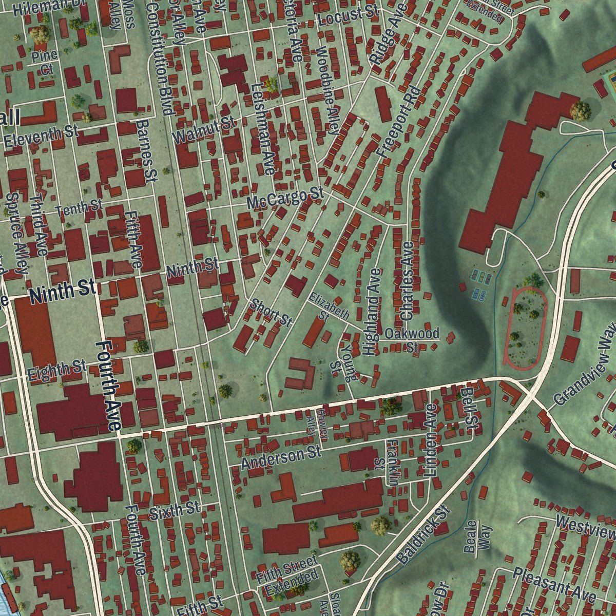 Close-up of the map of New Kensington, Pennsylvania print showing street and building detail
