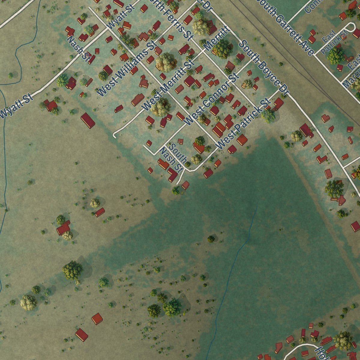 Close-up of the map of Garrett, Texas print showing street and building detail