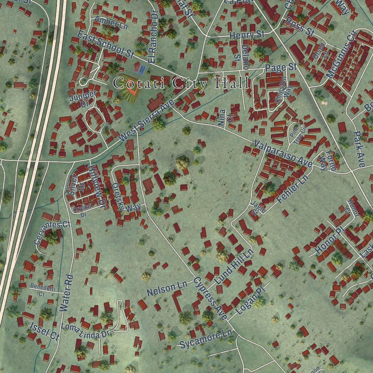Close-up of the map of Cotati, California print showing street and building detail