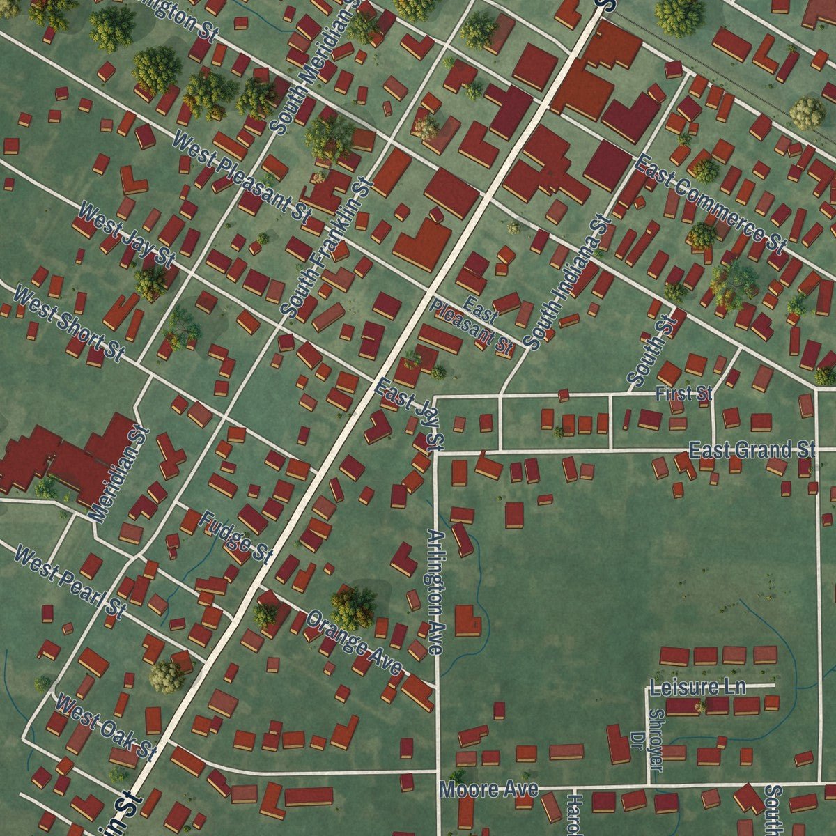 Close-up of the map of Dunkirk, Indiana print showing street and building detail