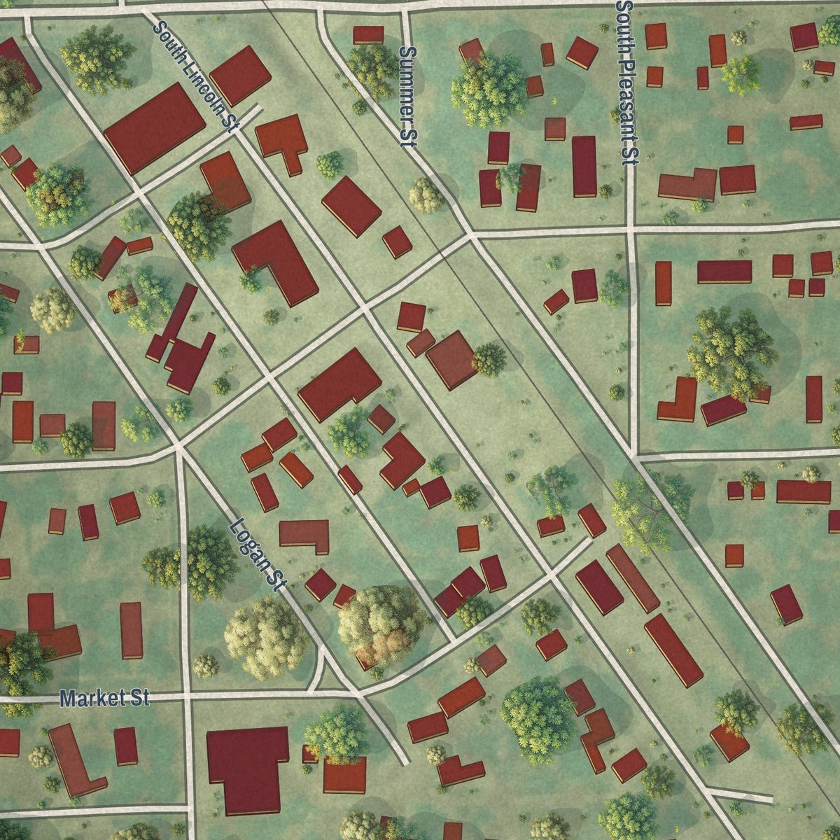 Close-up of the map of Emden, Illinois print showing street and building detail