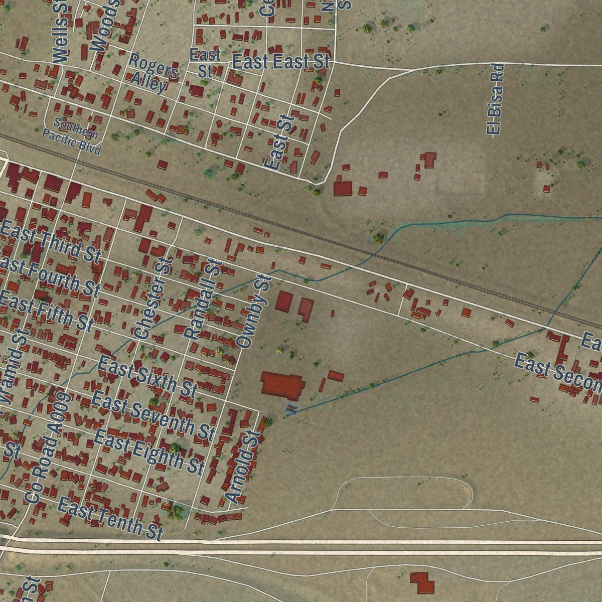 Close-up of the map of Lordsburg, New Mexico print showing street and building detail