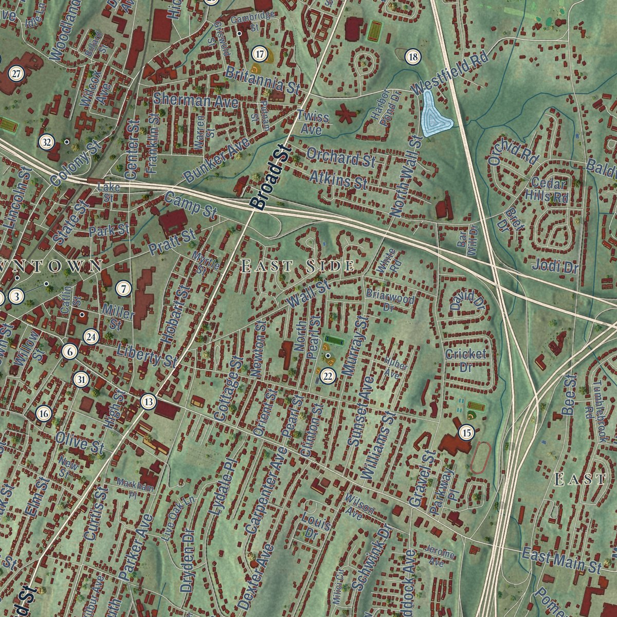 Close-up of the map of Meriden, Connecticut print showing street and building detail