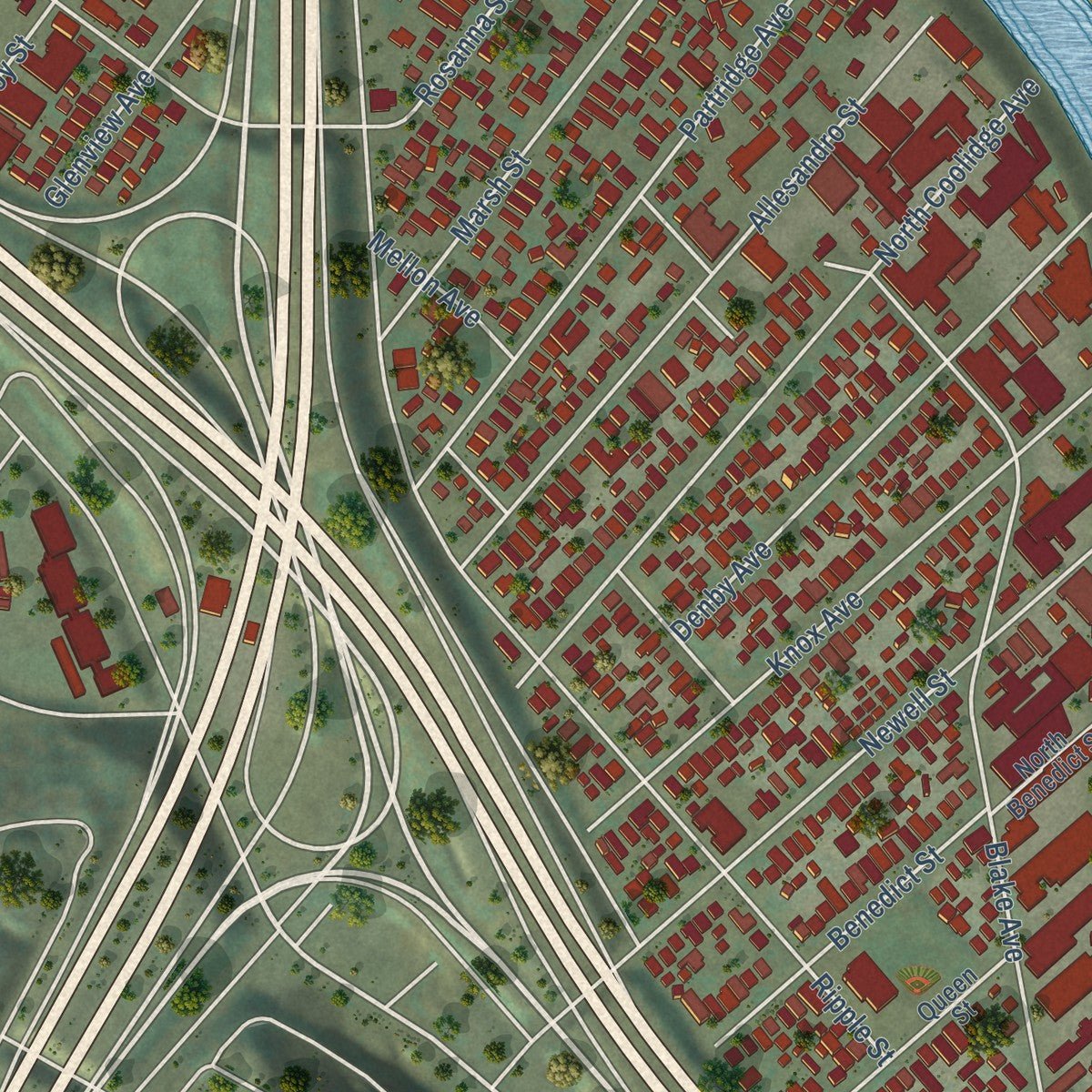 Close-up of the map of Elysian Valley, California print showing street and building detail