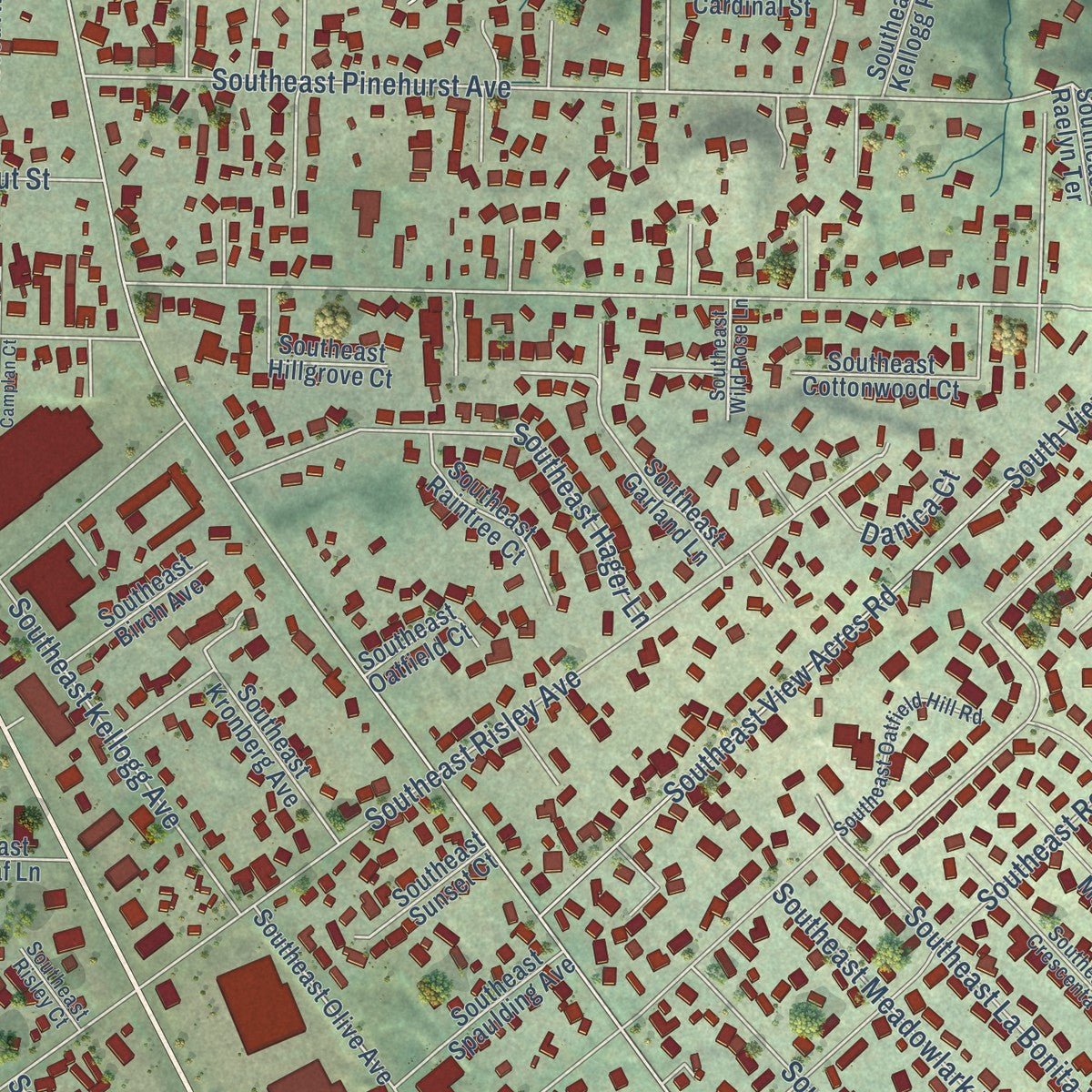 Close-up of the map of Oak Grove, Oregon print showing street and building detail