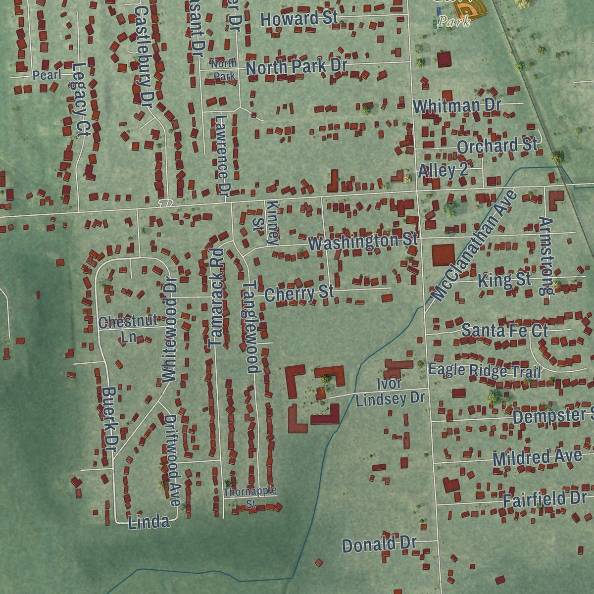 Close-up of the map of Temperance, Michigan print showing street and building detail