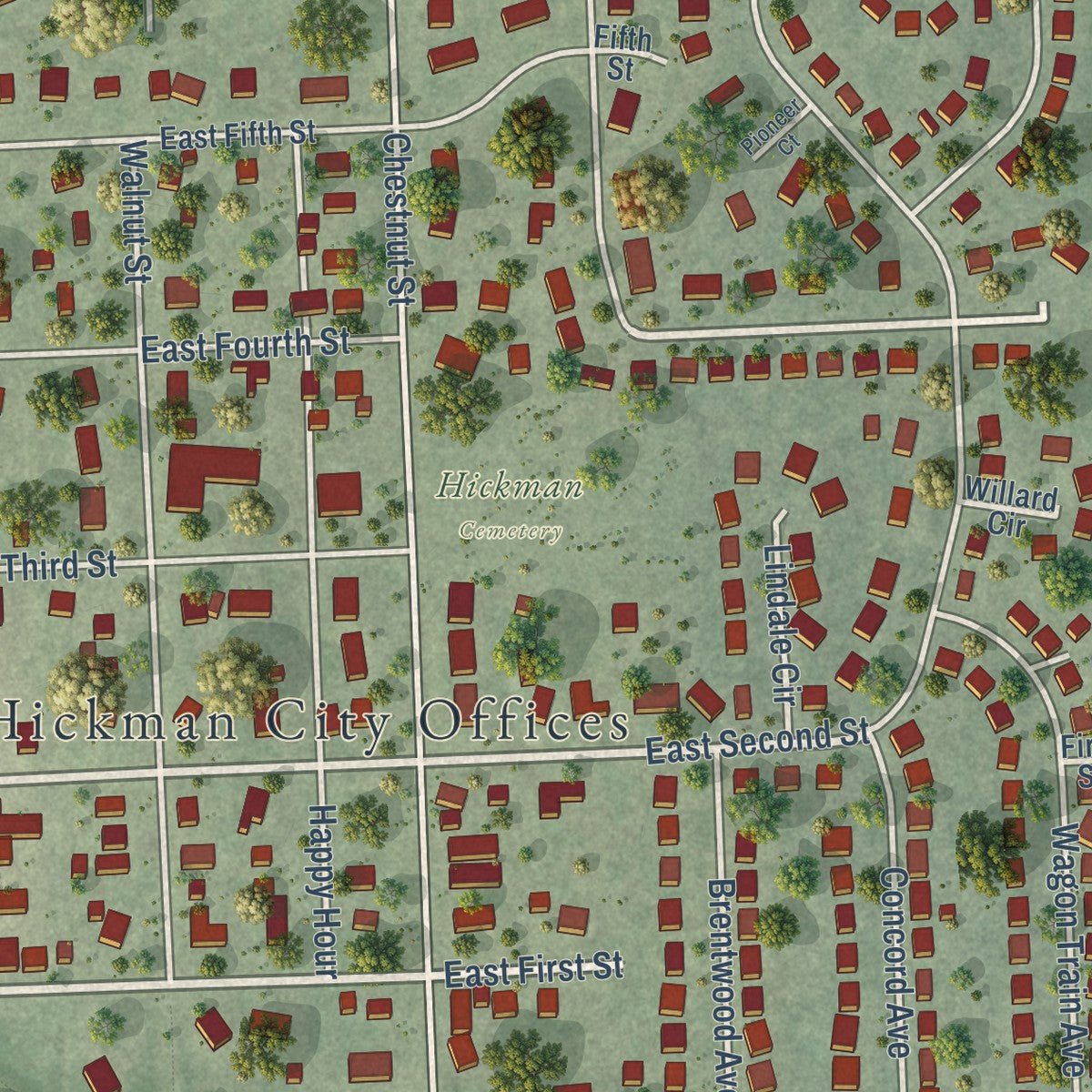 Close-up of the map of Hickman, Nebraska print showing street and building detail