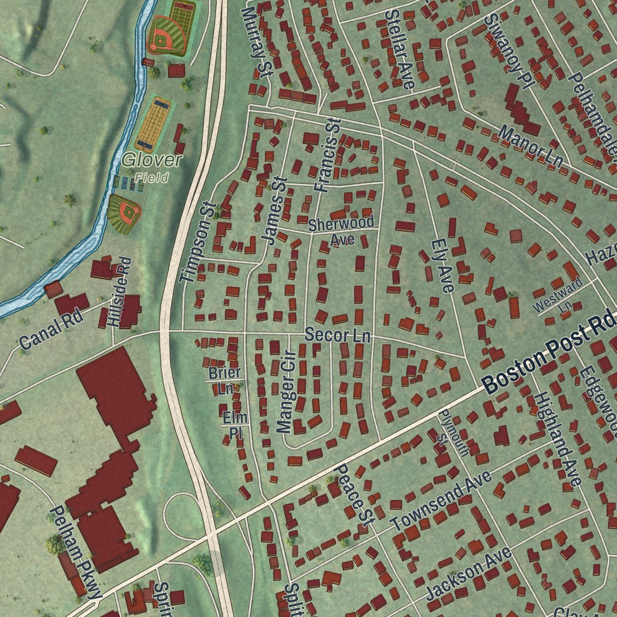 Close-up of the map of the Town of Pelham, New York print showing street and building detail