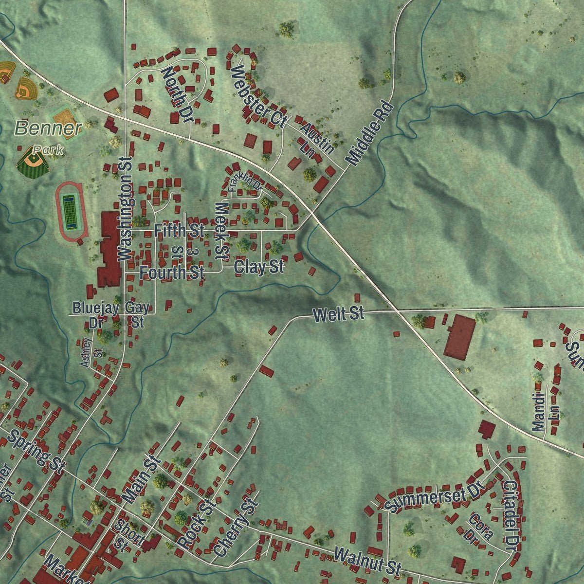 Close-up of the map of Weston, Missouri print showing street and building detail