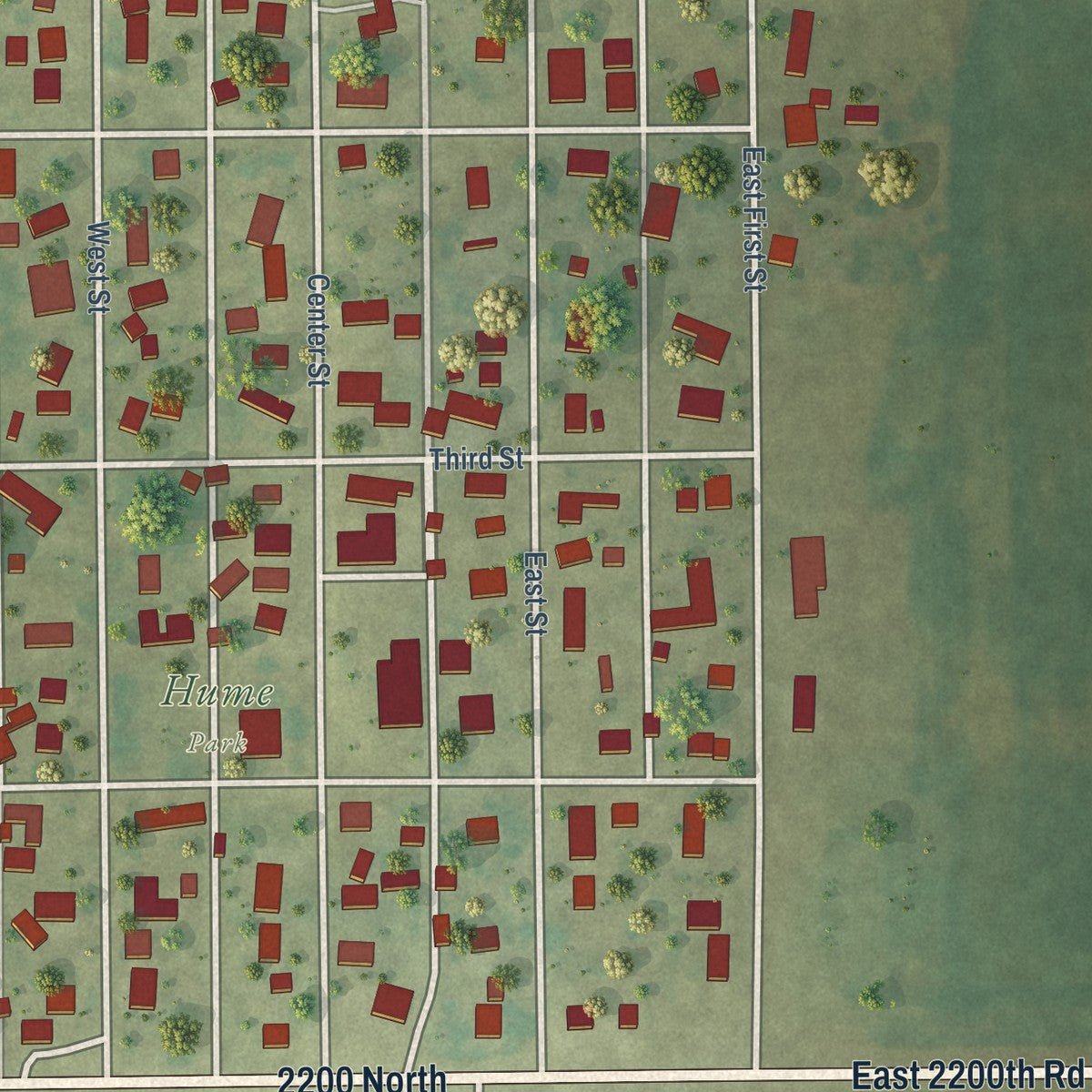 Close-up of the map of Hume, Illinois print showing street and building detail
