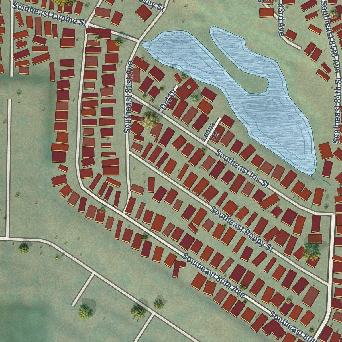 Close-up of the map of Johnson City, Oregon print showing street and building detail