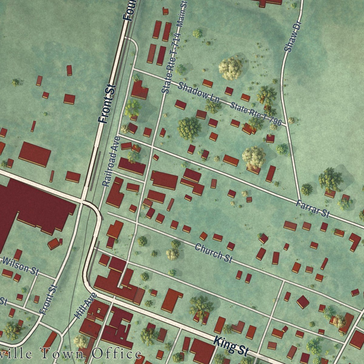 Close-up of the map of Keysville, Virginia print showing street and building detail