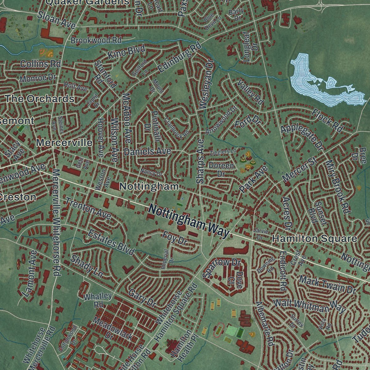Close-up of the map of Hamilton, Mercer County, New Jersey print showing street and building detail