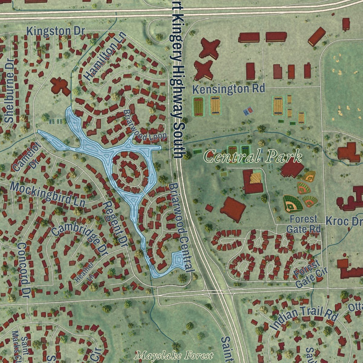 Close-up of the map of Oak Brook, Illinois print showing street and building detail