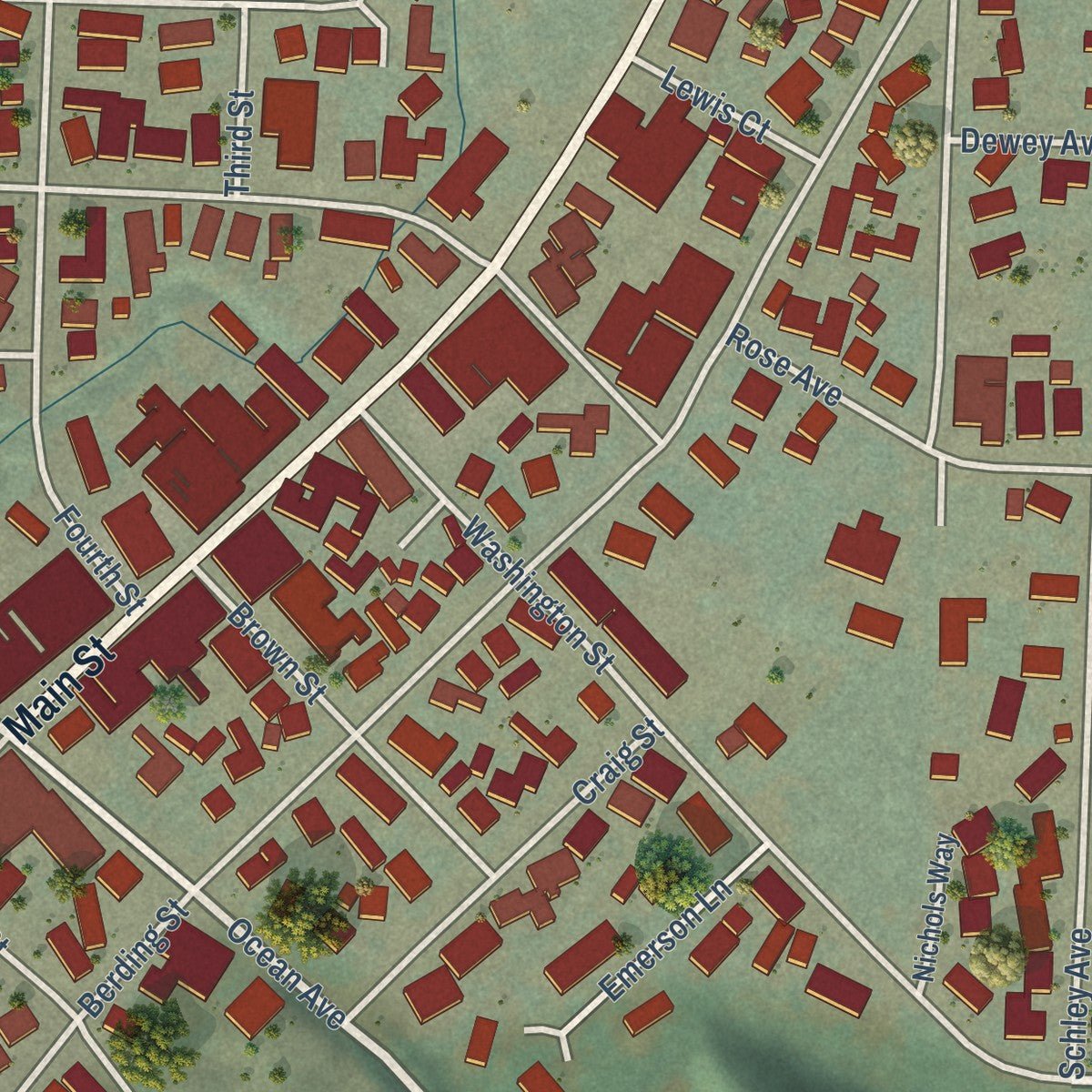 Close-up of the map of Ferndale, California print showing street and building detail