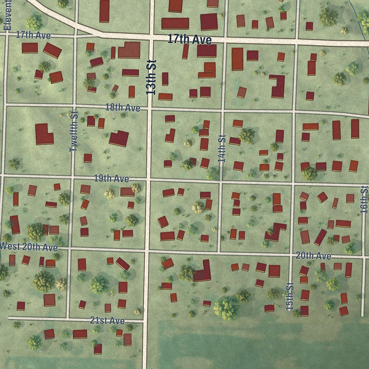 Close-up of the map of Viola, Illinois print showing street and building detail