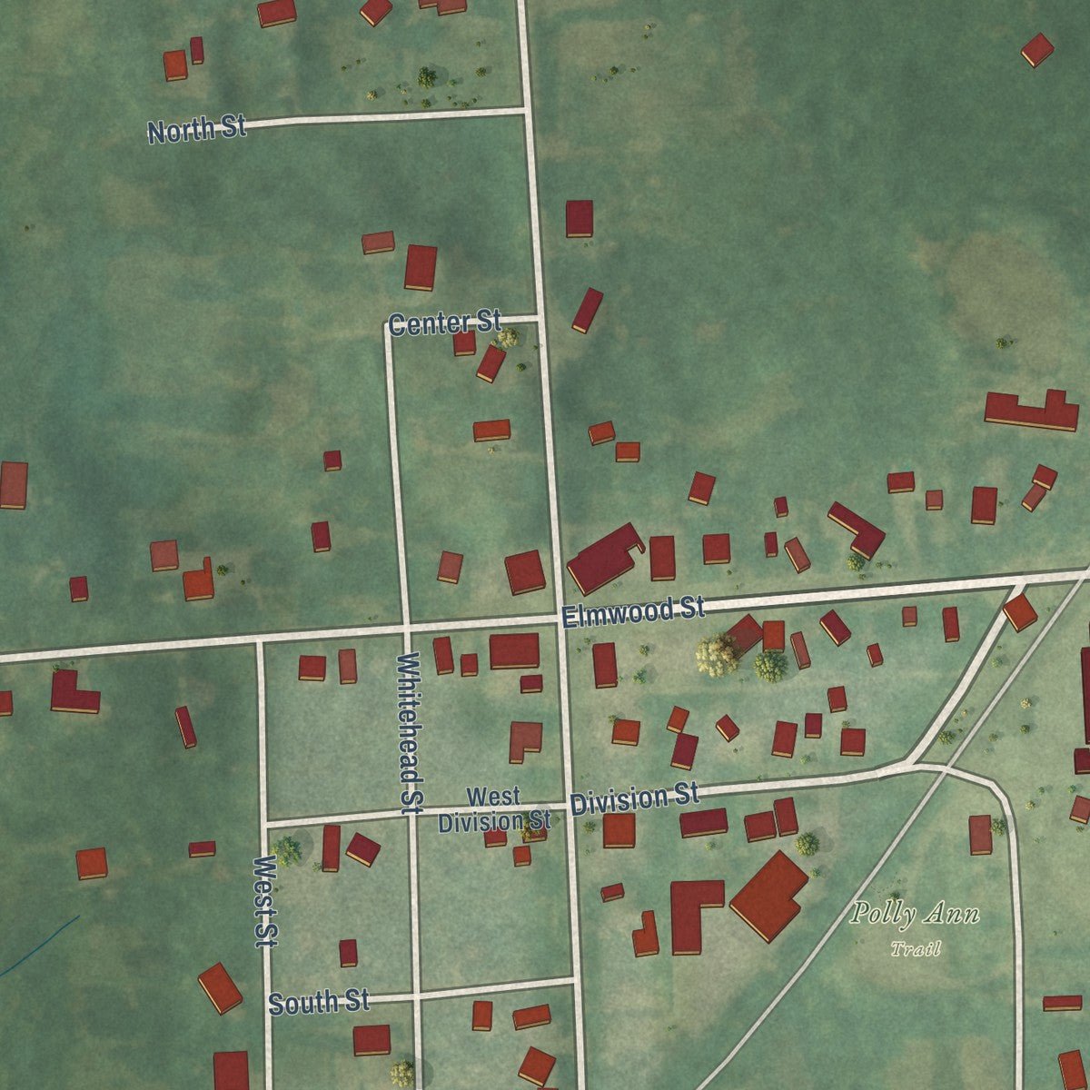 Close-up of the map of Leonard, Michigan print showing street and building detail