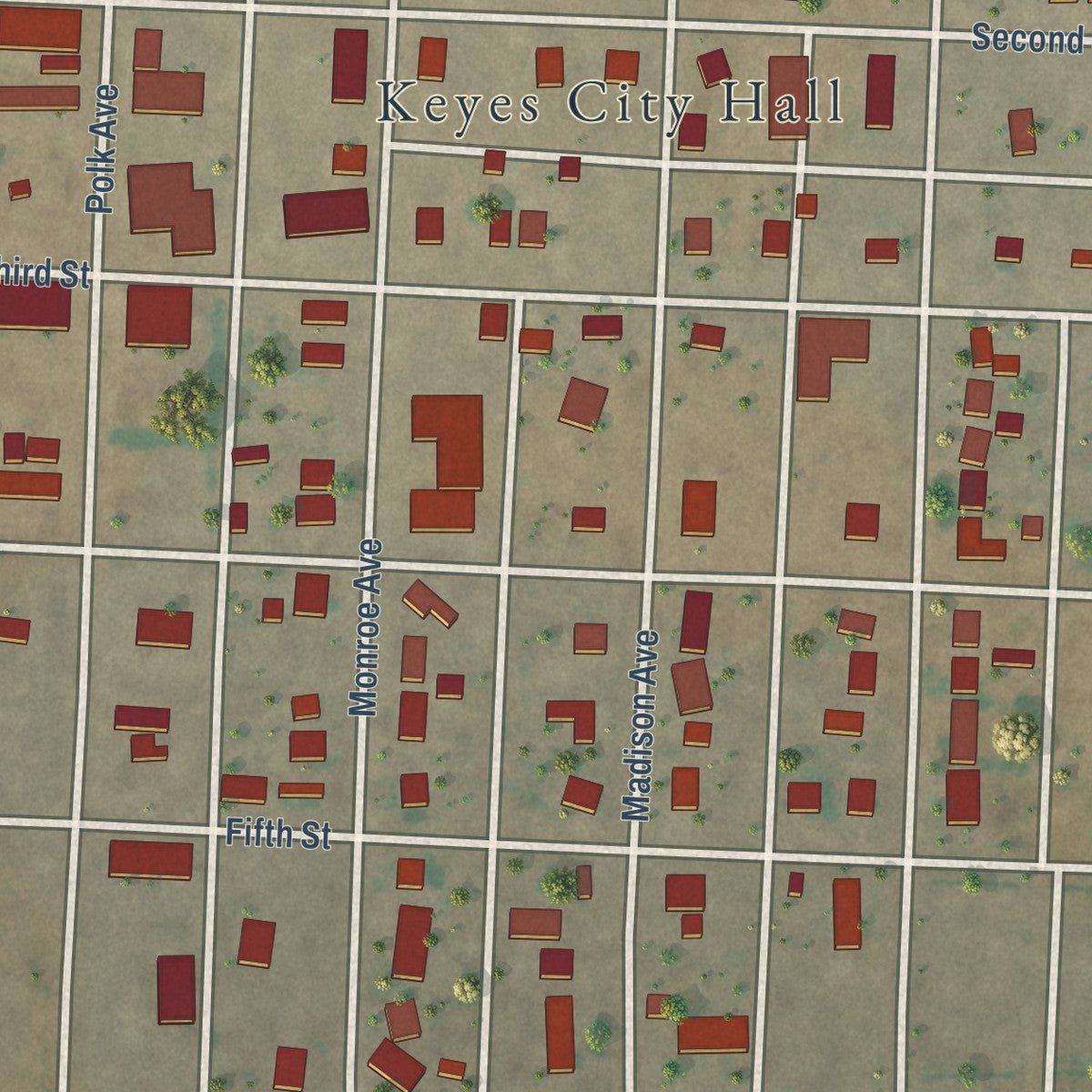 Close-up of the map of Keyes, Oklahoma print showing street and building detail