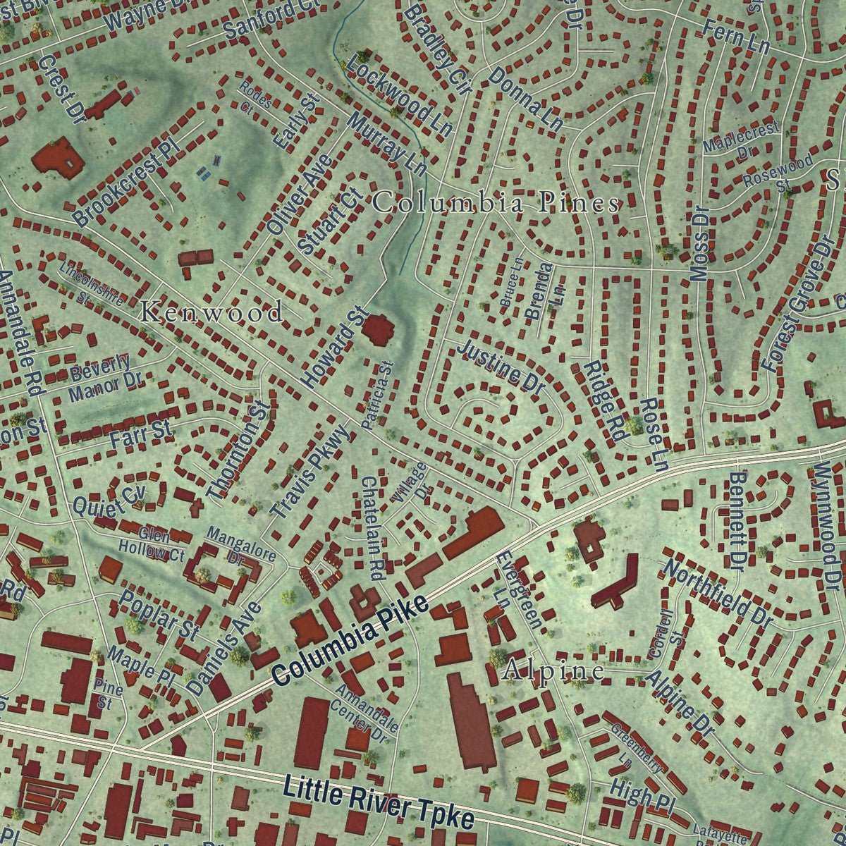 Close-up of the map of Annandale, Virginia print showing street and building detail
