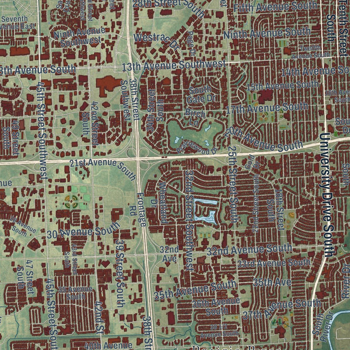 Close-up of the map of Fargo, North Dakota print showing street and building detail