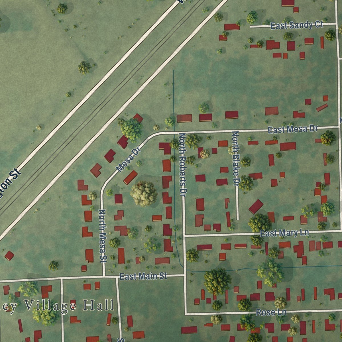 Close-up of the map of Godley, Illinois print showing street and building detail