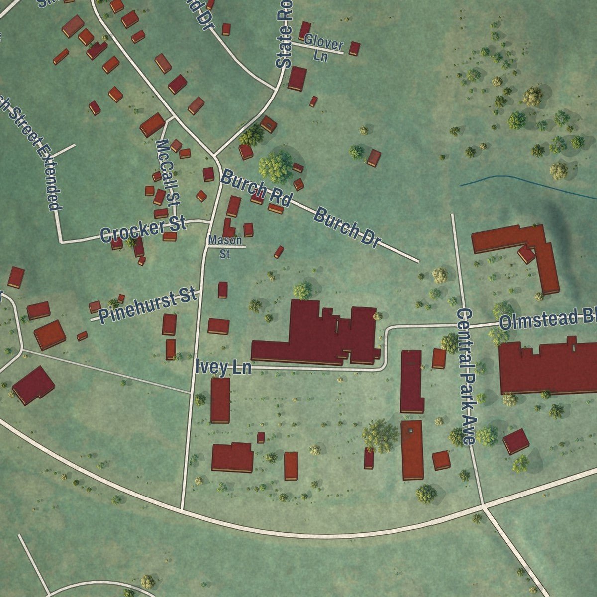 Close-up of the map of Taylortown, North Carolina print showing street and building detail