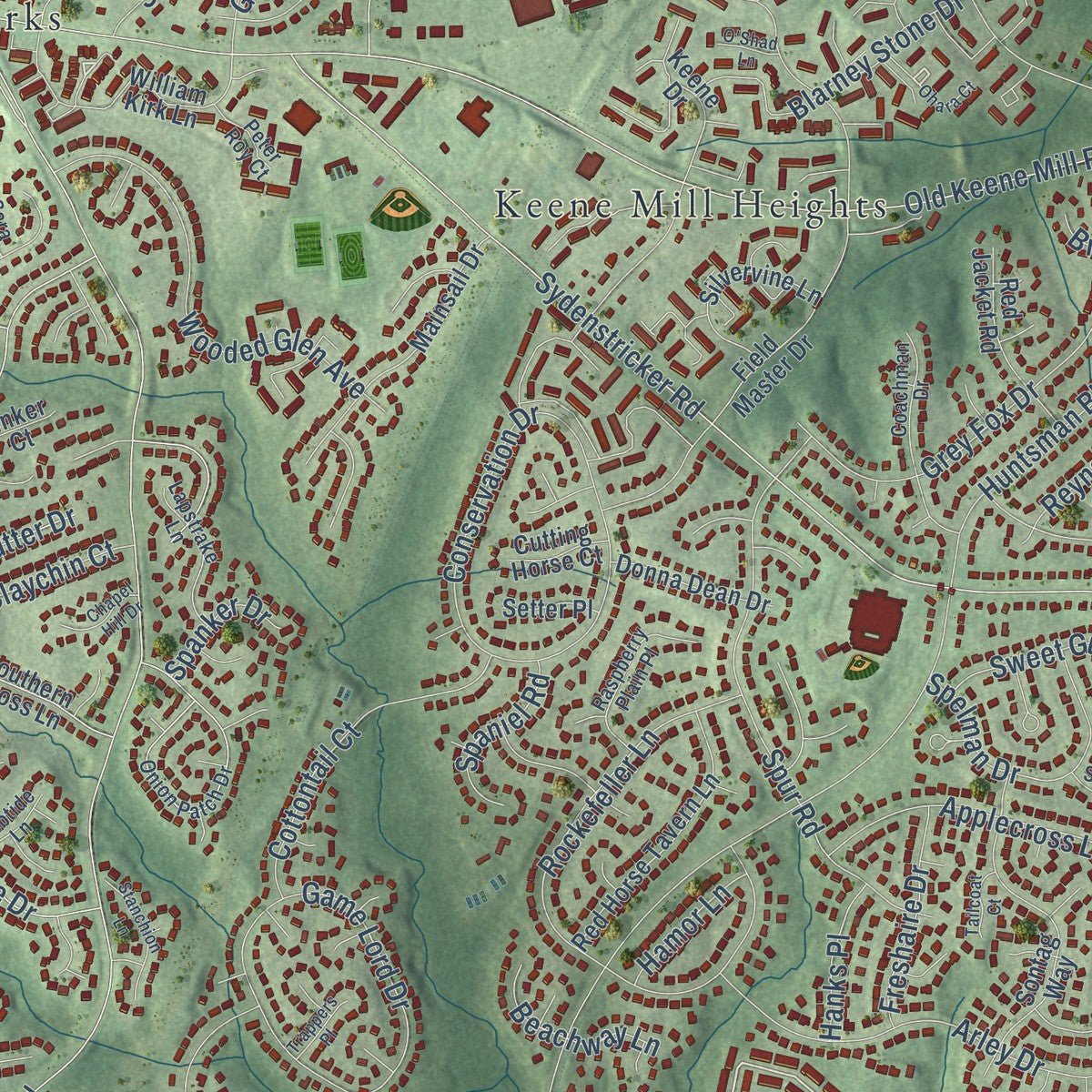 Close-up of the map of Burke, Virginia print showing street and building detail
