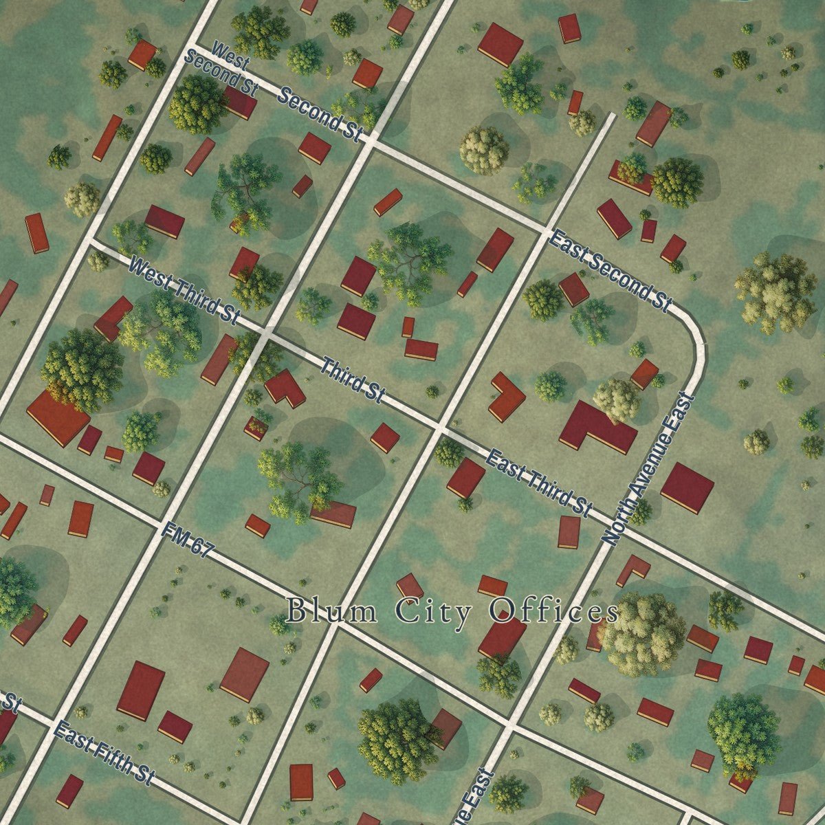 Close-up of the map of Blum, Texas print showing street and building detail