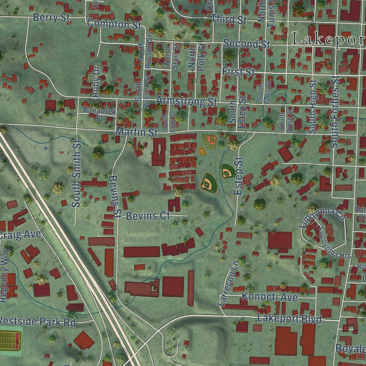 Close-up of the map of Lakeport, California print showing street and building detail