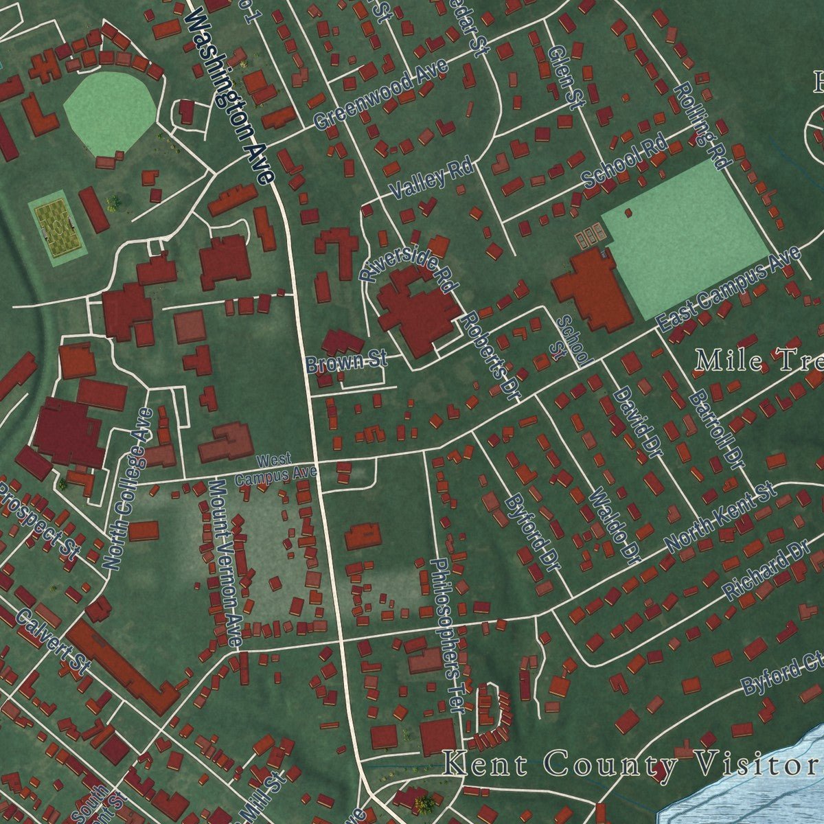 Close-up of the map of Chestertown, Maryland print showing street and building detail