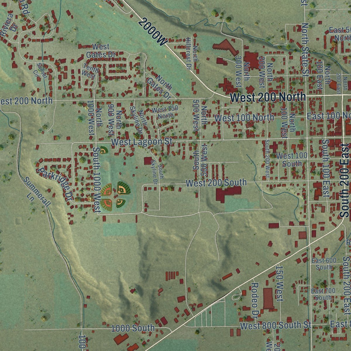 Close-up of the map of Roosevelt, Utah print showing street and building detail