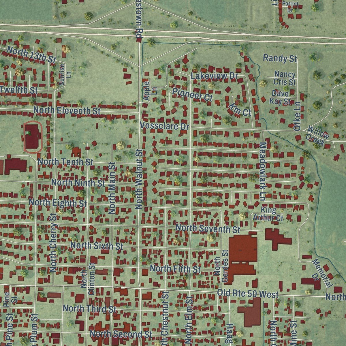 Close-up of the map of Breese, Illinois print showing street and building detail
