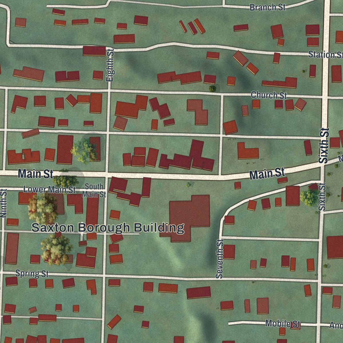 Close-up of the map of Saxton, Pennsylvania print showing street and building detail