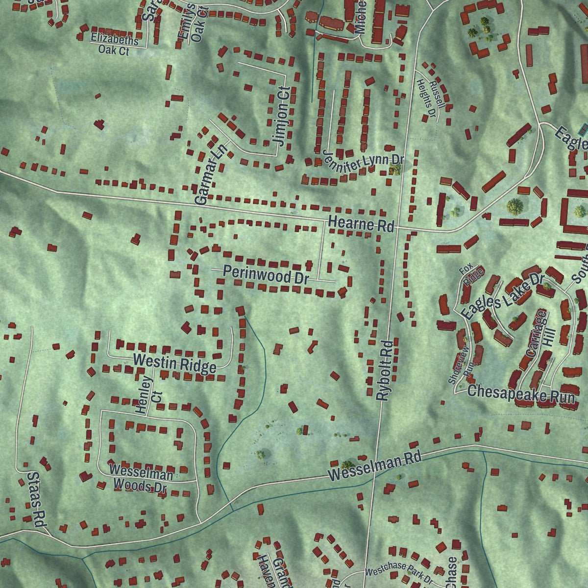 Close-up of the map of Dent, Ohio print showing street and building detail
