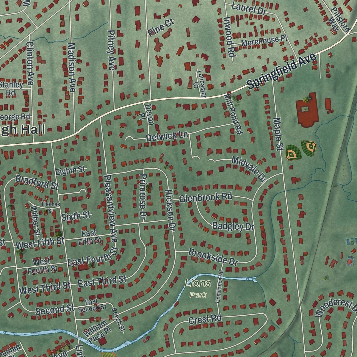 Close-up of the map of New Providence, New Jersey print showing street and building detail
