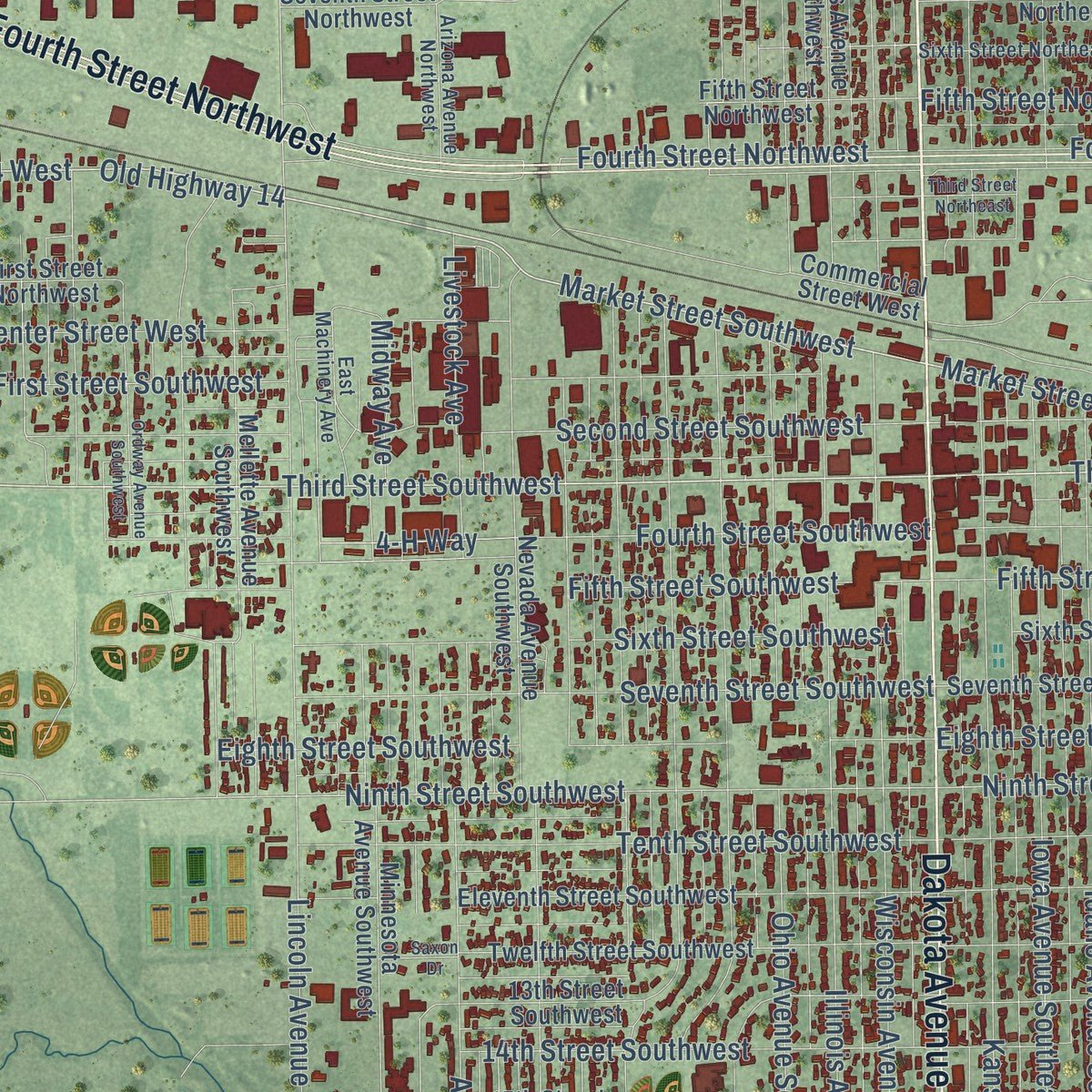 Close-up of the map of Huron, South Dakota print showing street and building detail