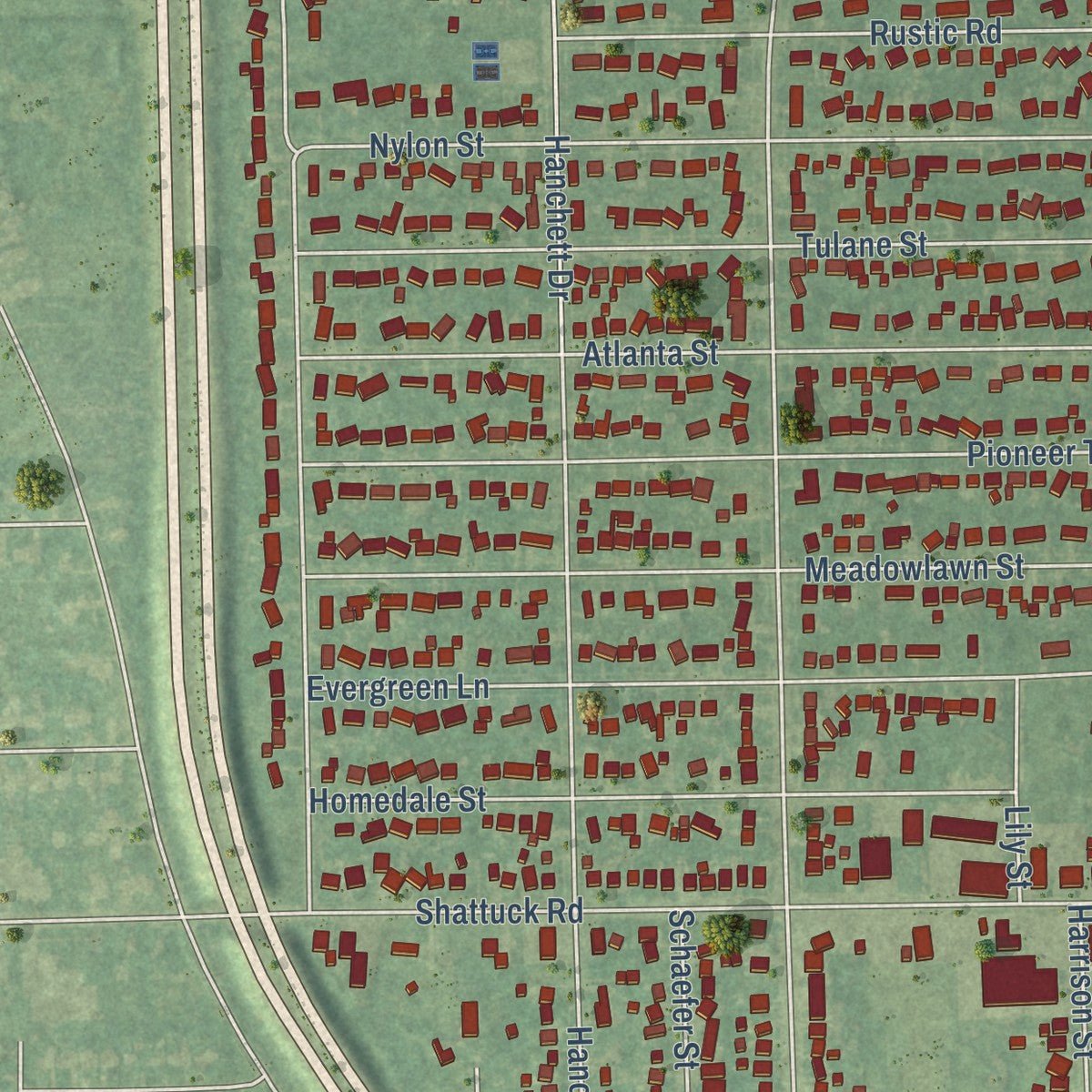 Close-up of the map of Carrollton, Michigan print showing street and building detail