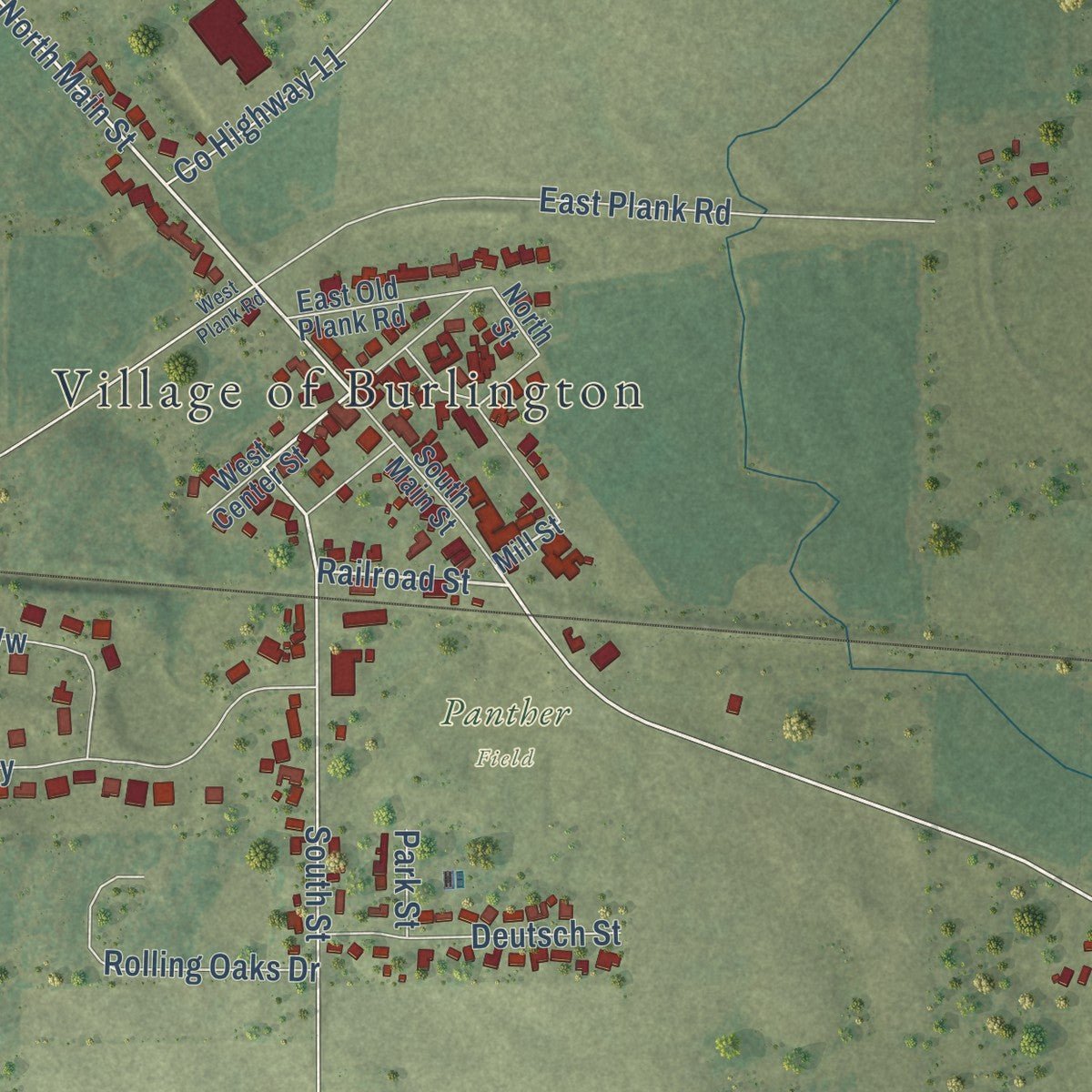 Close-up of the map of Burlington, Illinois print showing street and building detail