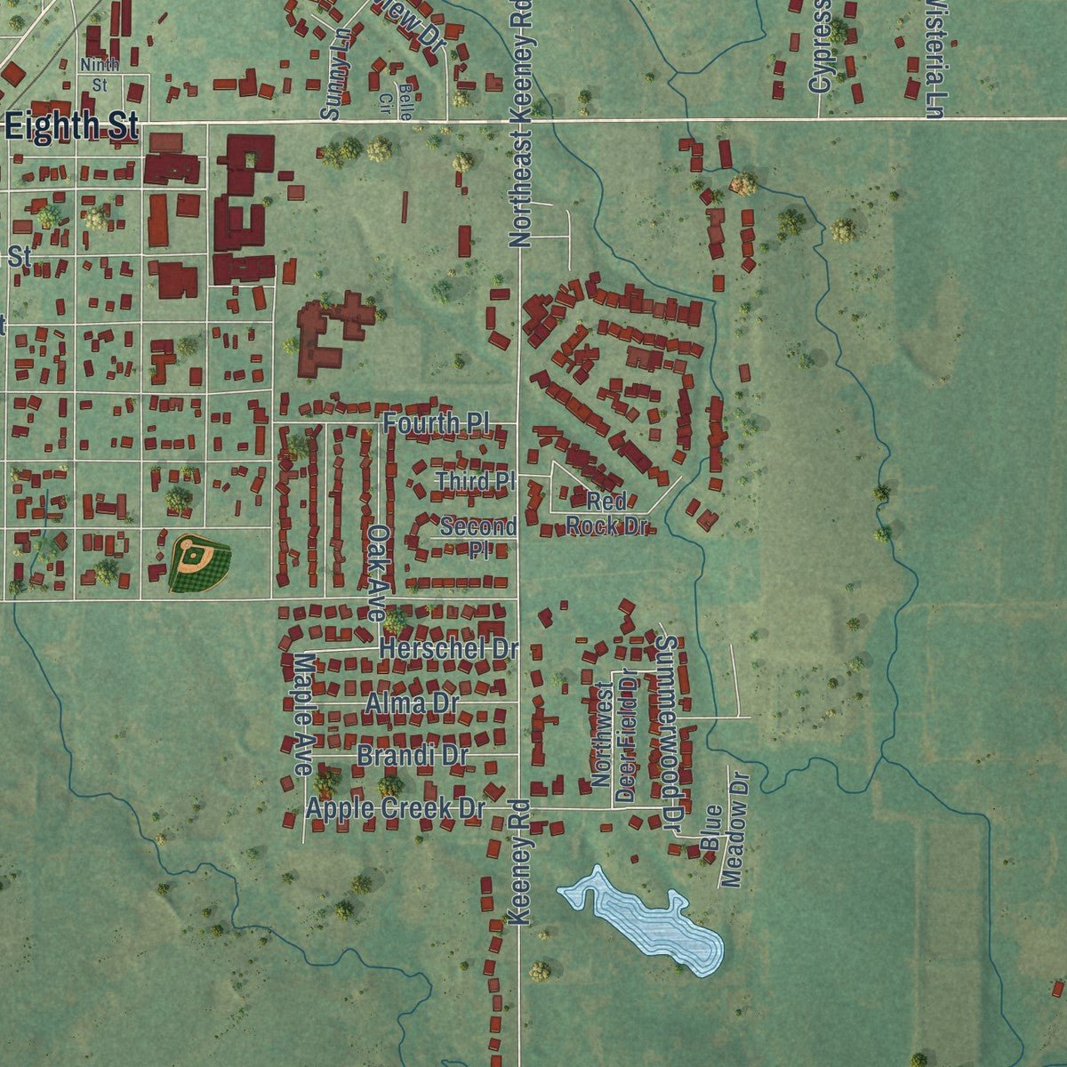 Close-up of the map of Elgin, Oklahoma print showing street and building detail