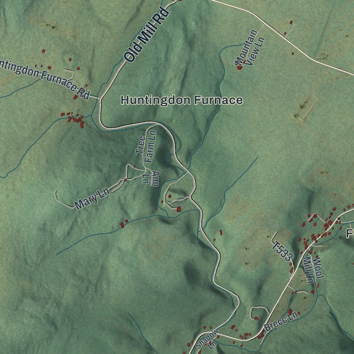Close-up of the map of Franklin, Huntingdon County, Pennsylvania print showing street and building detail