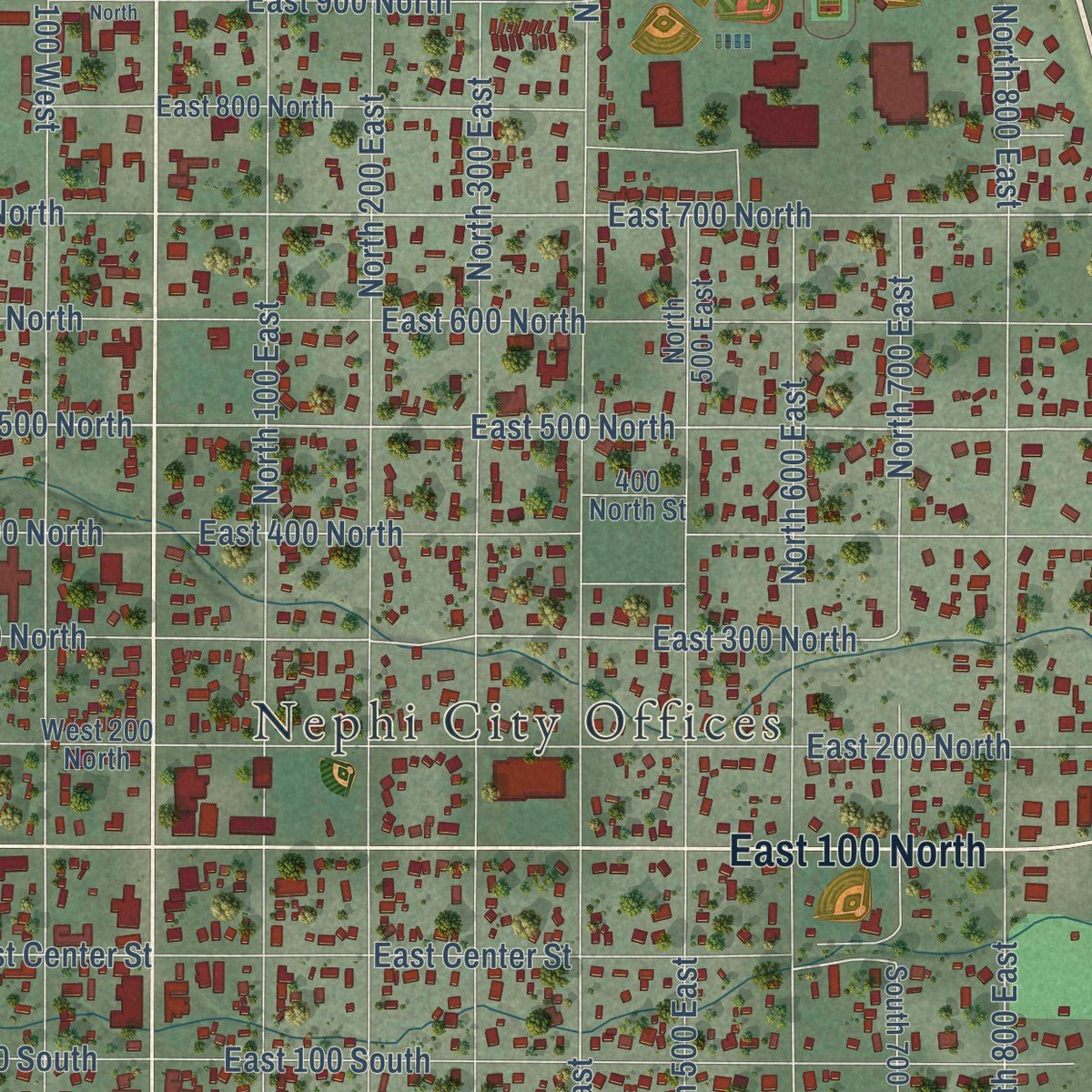 Close-up of the map of Nephi, Utah print showing street and building detail